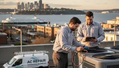 Technician performing residential AC repair service in Seattle WA for acrepairseattle.com