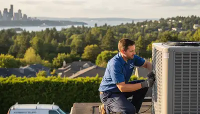HVAC technician performing AC repair service in Seattle WA home