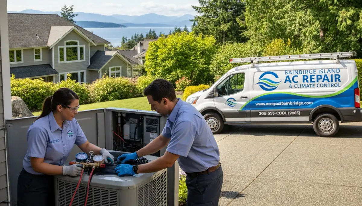 Professional AC repair technician servicing air conditioner in Seattle WA home