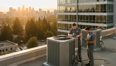 Professional AC repair technician servicing air conditioner unit in Seattle, WA