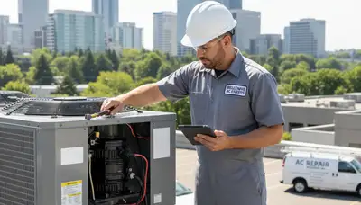 HVAC technician performing AC repair service at a Seattle WA home for acrepairseattle.com