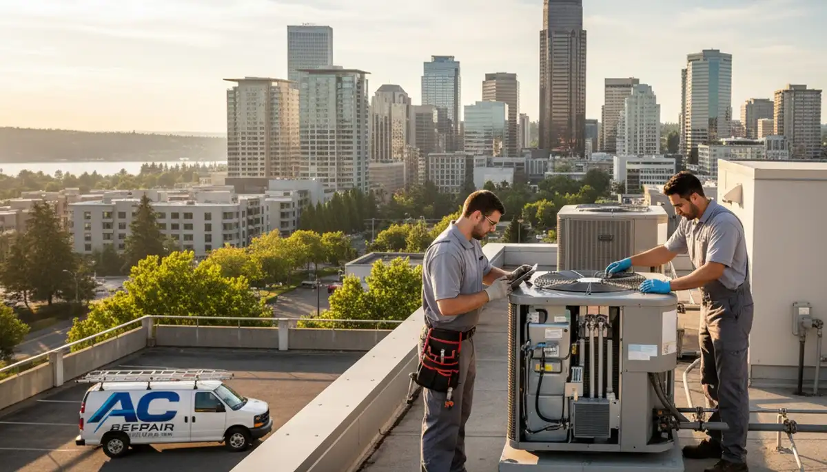 Professional AC repair technician servicing air conditioner unit in Seattle WA home