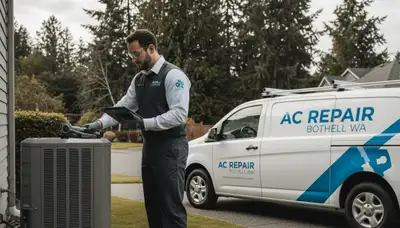 Professional AC repair technician servicing air conditioner unit in Seattle WA home