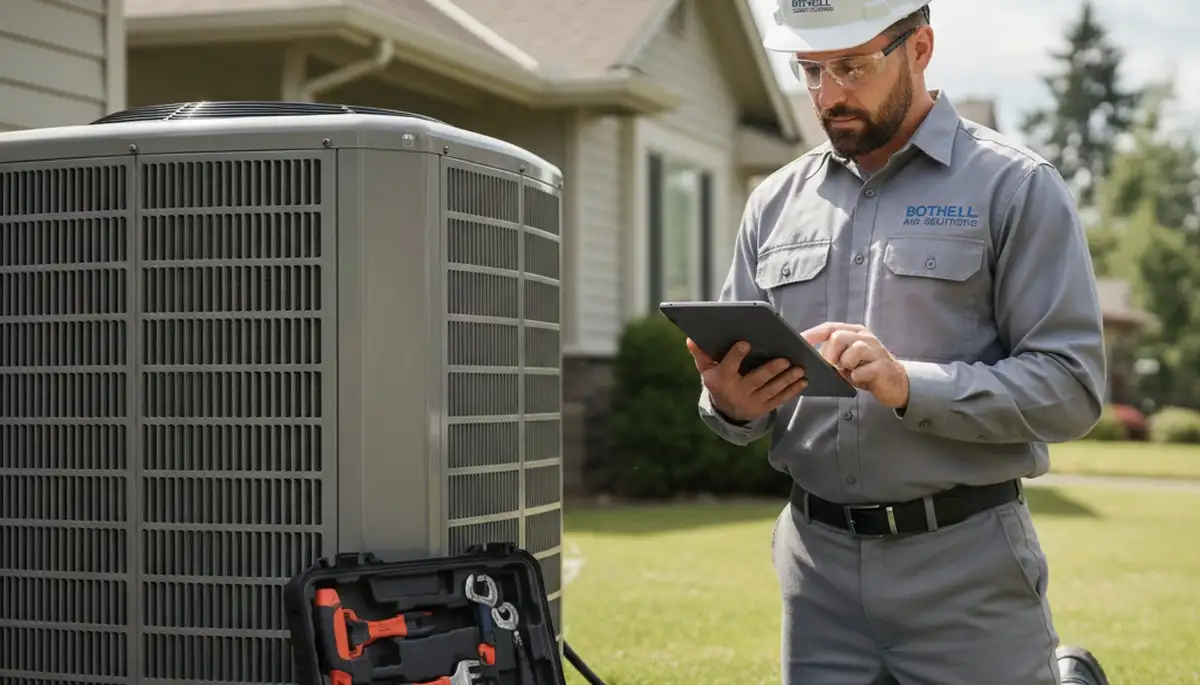 Professional AC repair technician servicing air conditioner unit in Seattle WA home