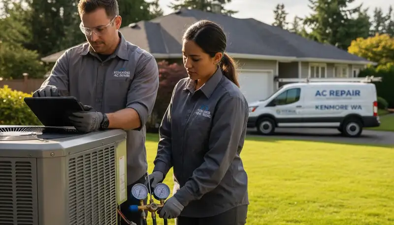 Professional AC repair technician servicing cooling unit in Seattle, WA home