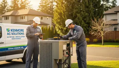 Professional AC repair technician servicing air conditioner unit in Seattle WA home