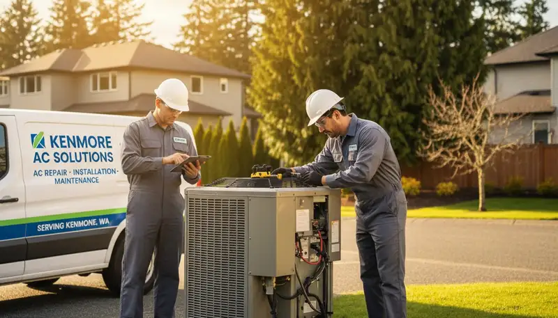 Professional AC repair technician servicing air conditioner unit in Seattle WA home