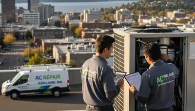 Professional AC repair technician servicing residential air conditioner in Seattle, WA