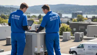 Professional AC repair technician servicing cooling unit in Seattle, WA home