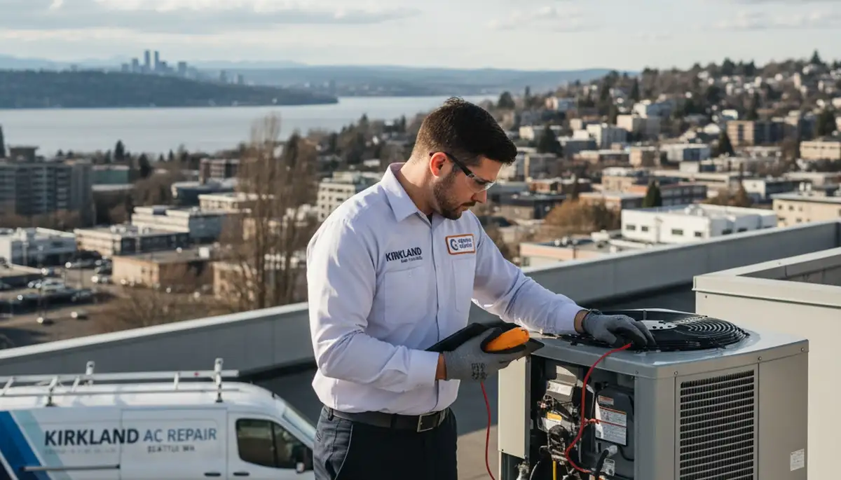 Professional AC repair technician servicing air conditioner unit in Seattle WA home
