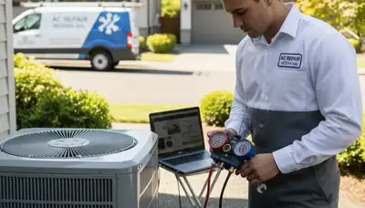 Professional AC repair technician servicing air conditioner unit in Seattle, WA