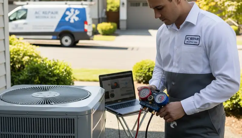 Professional AC repair technician servicing air conditioner unit in Seattle, WA