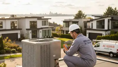Professional AC repair technician servicing air conditioner unit in Seattle, WA