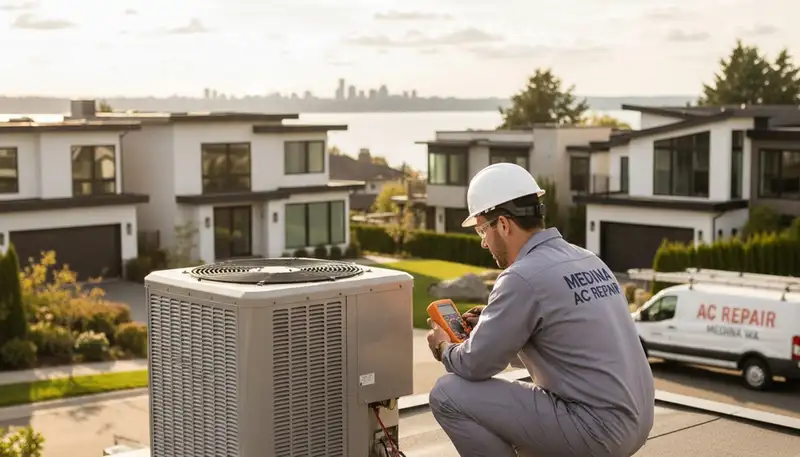 Professional AC repair technician servicing air conditioner unit in Seattle, WA