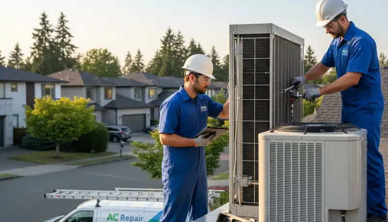 Professional AC repair technician servicing air conditioning unit in Seattle WA home