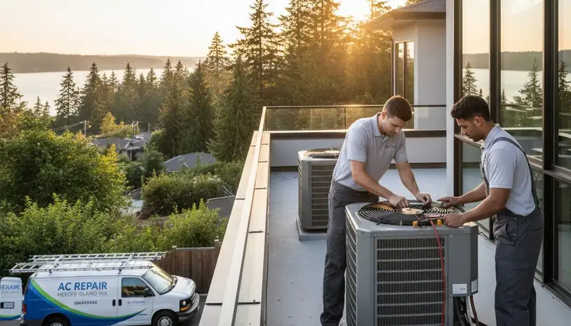 Professional AC repair technician servicing air conditioner unit in Seattle WA home