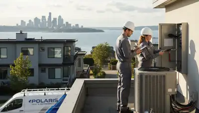Professional AC repair technician servicing air conditioning unit in Seattle, WA