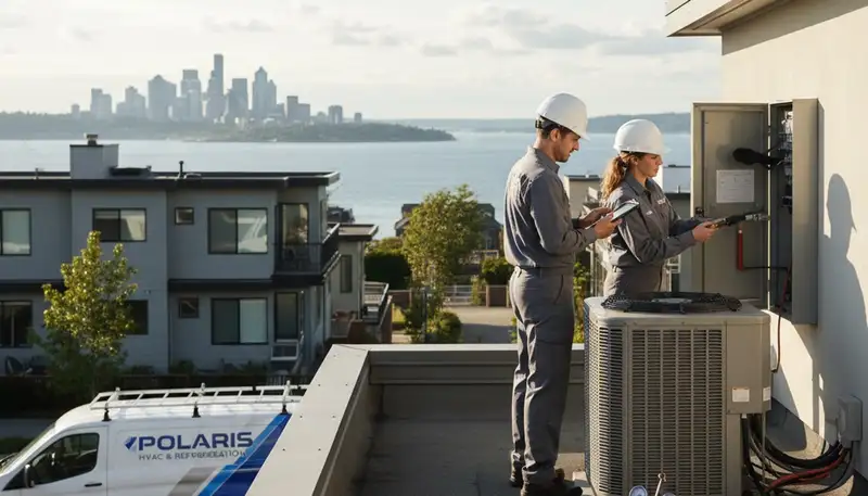 Professional AC repair technician servicing air conditioning unit in Seattle, WA