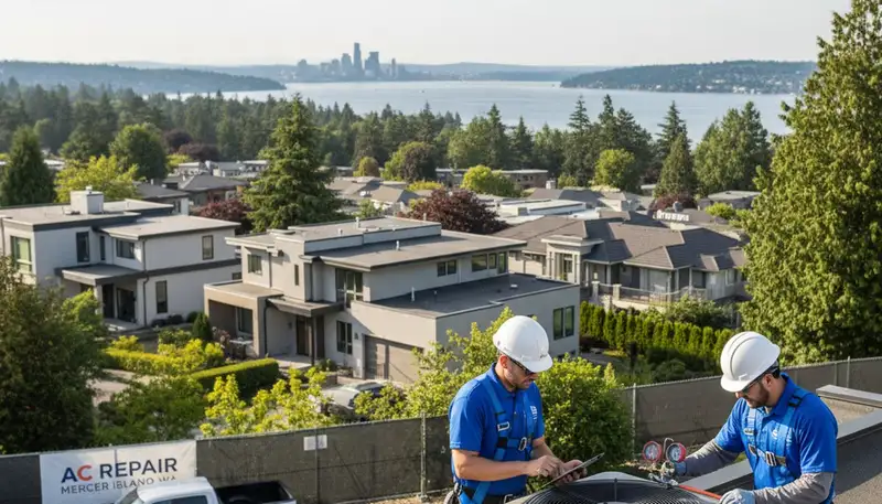 Professional AC repair technician servicing air conditioner in Seattle WA home