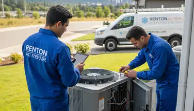 Professional AC repair technician servicing air conditioning unit in Seattle WA home