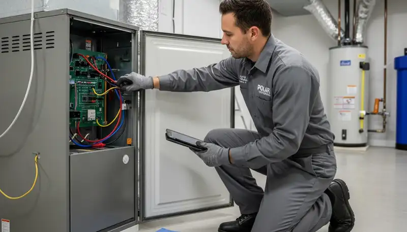 Technician performing furnace repair for residential heating system in Seattle, WA
