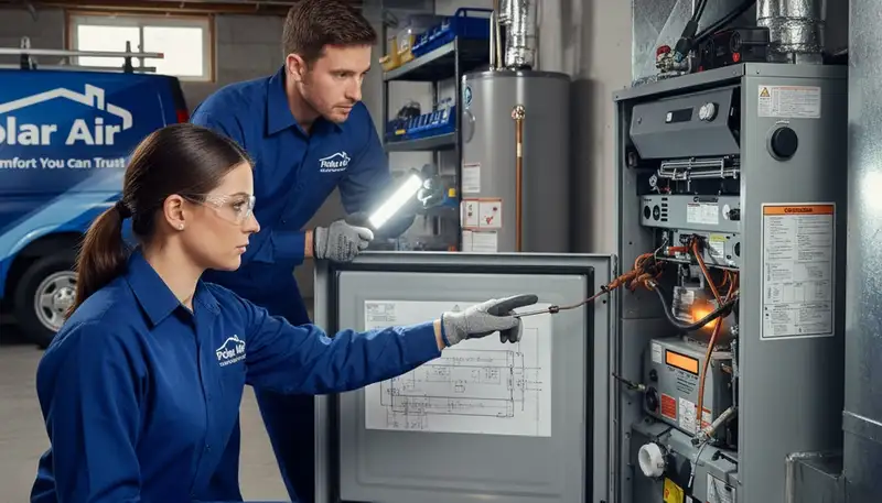 Technician performing furnace repair in Seattle WA home for Five Star Cooling heating service