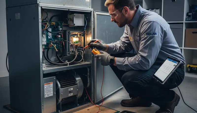 Technician performing furnace repair in Seattle WA home for Five Star Cooling heating service