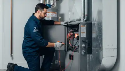 Technician performing heating repair on furnace in Seattle, WA home – Five Star Cooling experts