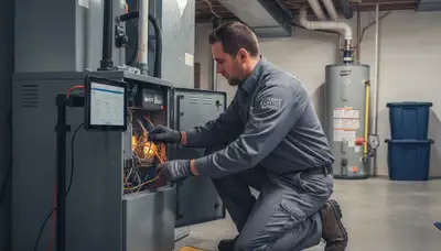 Technician performing heating repair on furnace in Seattle, WA home for Five Star Cooling