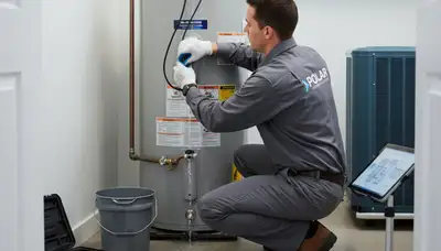 Technician repairing residential water heater in Seattle WA for Five Star Cooling service