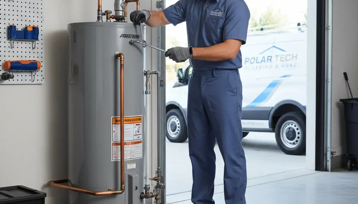Technician performing water heater repair in Seattle WA home for Five Star Cooling